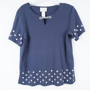 Alfred Dunner Nautical Studded Grommet SS Top Navy Blue‎ Womens Petite Small
